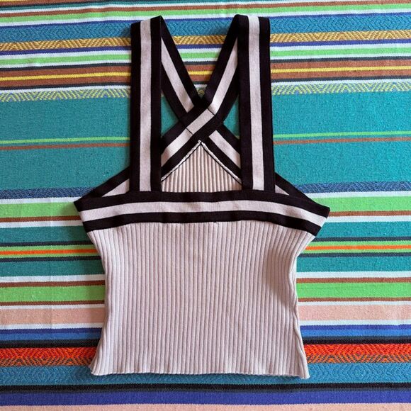 Forever 21 Rib Knit Halter Crop Top in Cream with Black Athletic Stripe size L - Picture 4 of 6